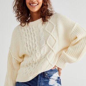 Free People Cable Dream Sweater Cream Oversized Chunky Knit Boho Cozy Crewneck M